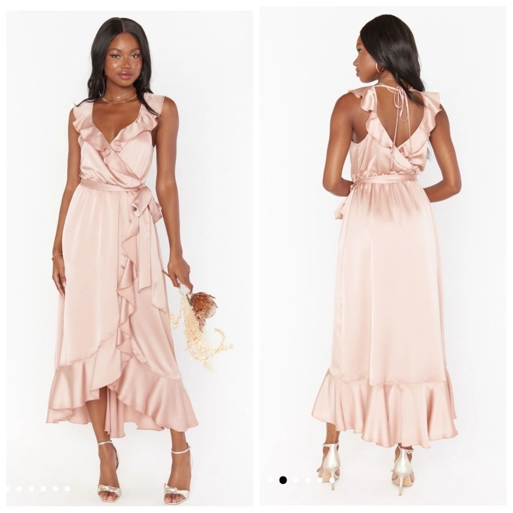 NWOT Show Me Your MuMu Samantha Ruffle Wrap Dress In Rose Gold Luxe Satin